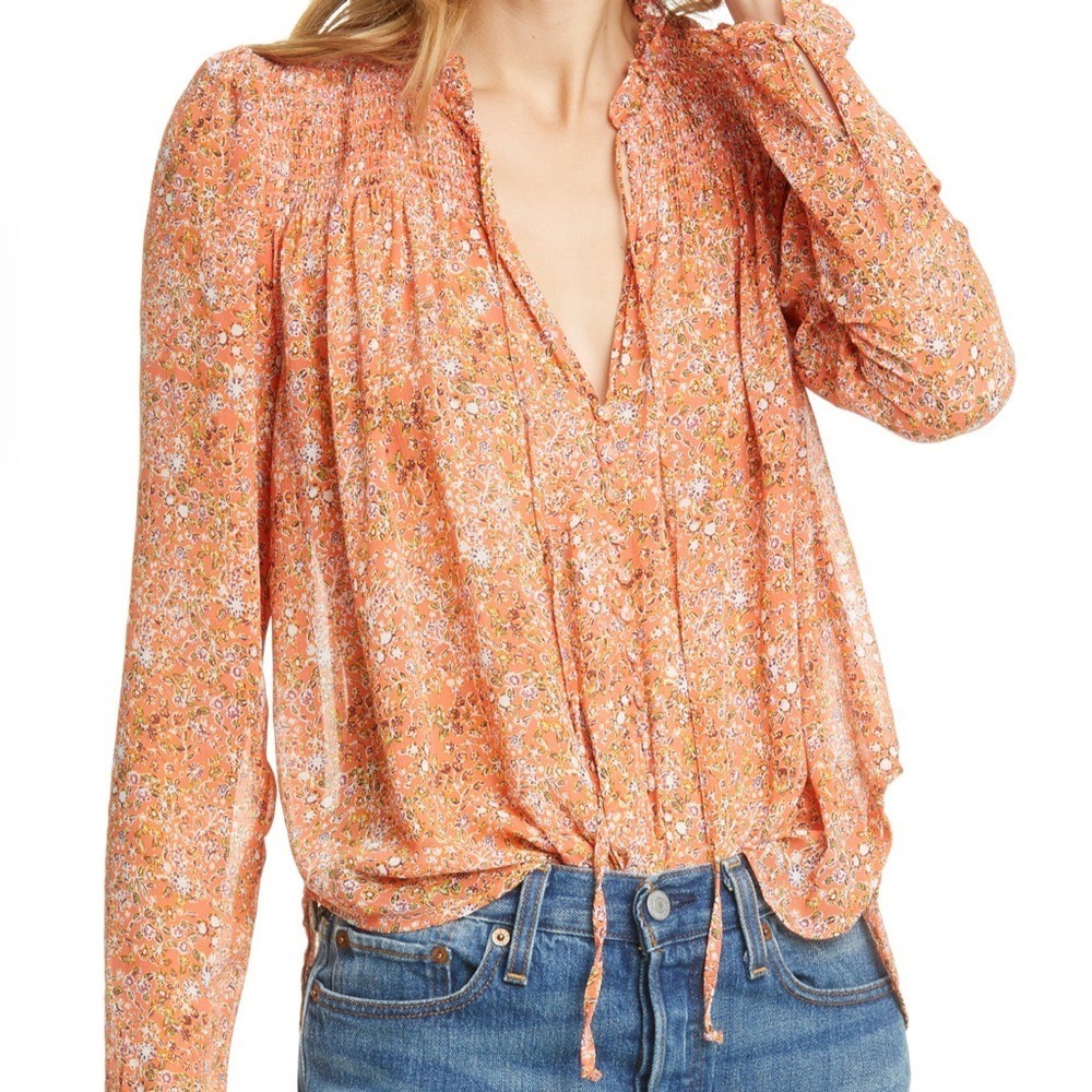 Free People Lela Orange Floral Smocked Yoke Ruffle Neck Tie Blouse S OB1010657